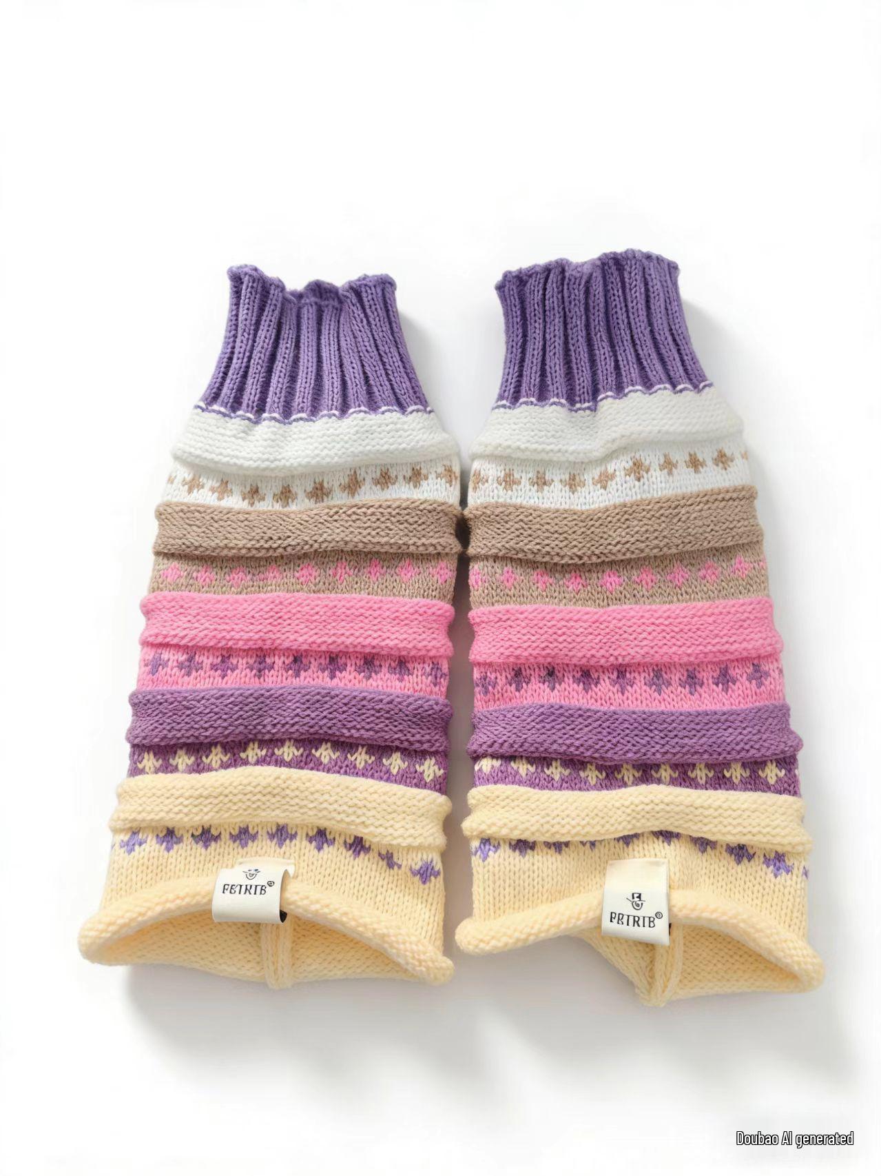 Colorful Striped Women s Mid-Calf Wool Slouch Socks - Warm, Color-Blocking Winter Socks фиолетовый