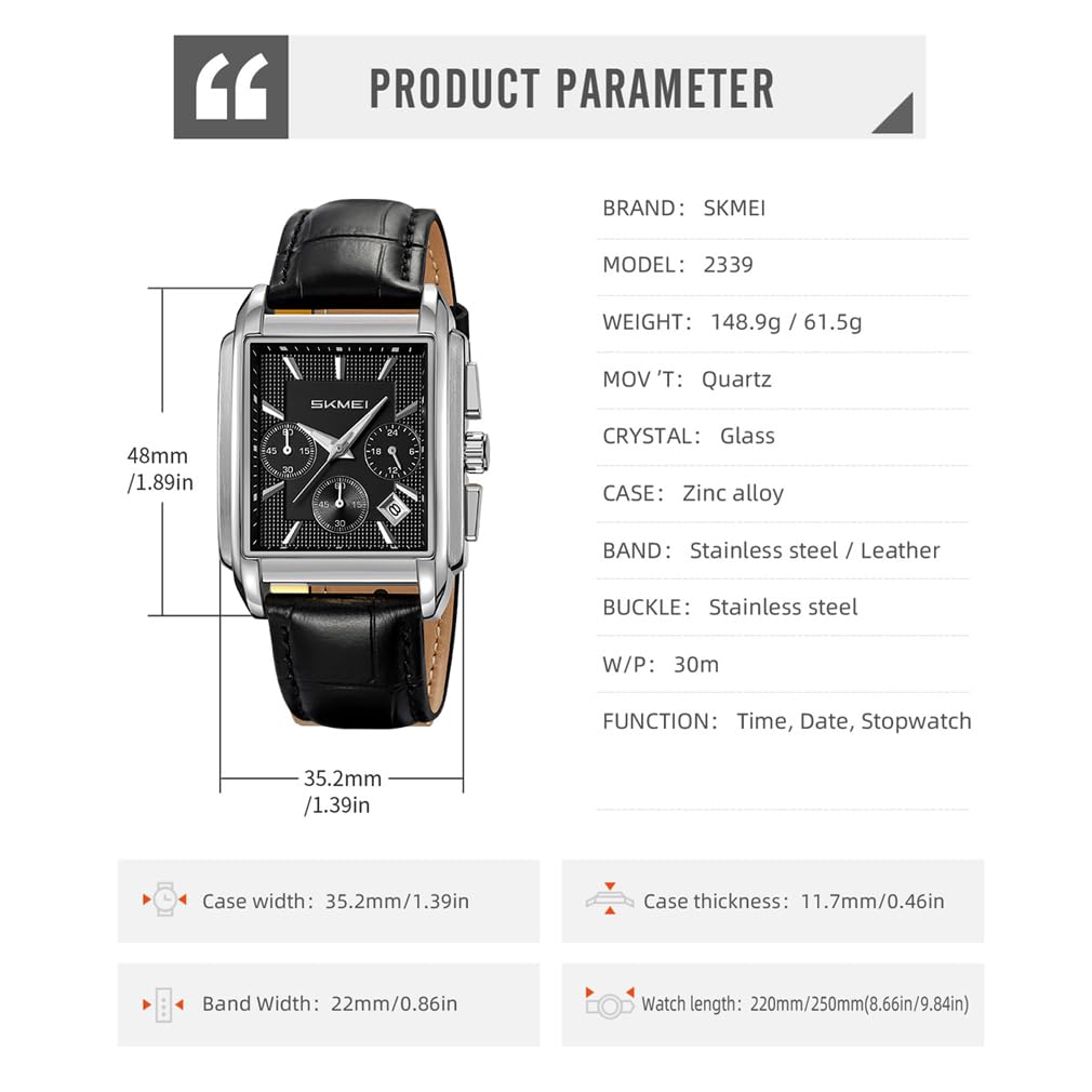Skmei Square Watch Black Leather Strap Stylish Arm Watch Chronograph Waterproof Brand Analog Business Casual Watch Luxury Gift Silver Black Watch for
