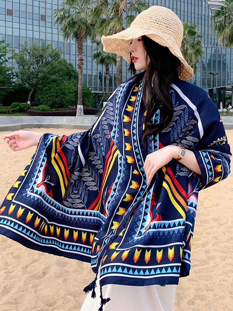 New Summer Elegant Women Silk Scarf Beach Wrap Shawl Vintage Red Plaid Print Sunscreen Bandana Hijab Mujer Bohemian Scarve Pareo