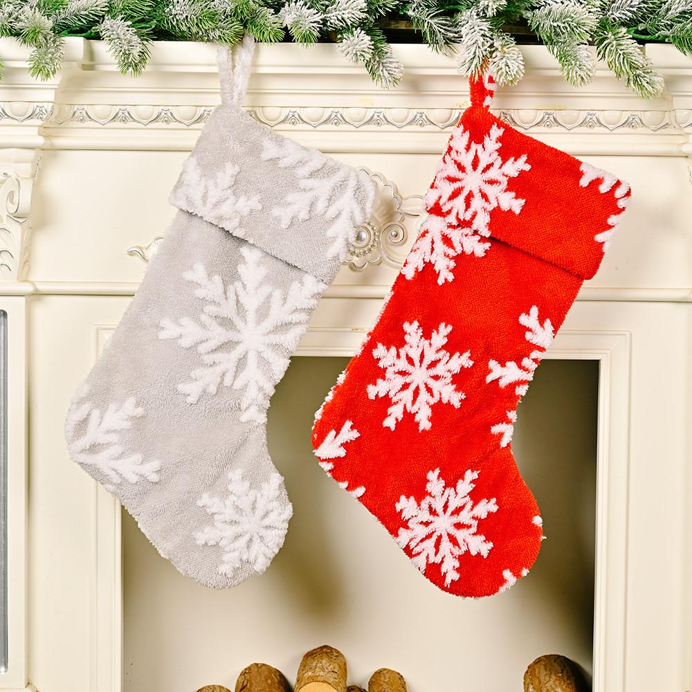 Snowflake Crafted Beautifully Christmas Stockings Made From Soft Plush Material Red Gray