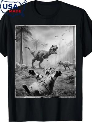 T-shirt Grafica Divertente da Uomo con Gatto e Dinosauro T-Rex - Cotone Morbido, Manica Corta, Girocollo