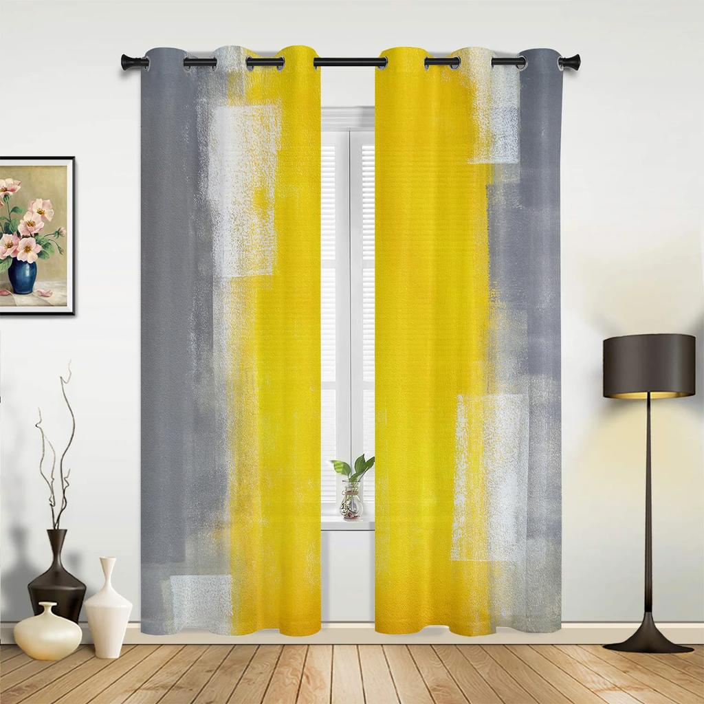 Oil Painting Abstract Geometric Yellow Gray Curtains Bedroom Living Room Drapes Kitchen Kid Window Curtain Home Decor Polyester Washable Area Ready