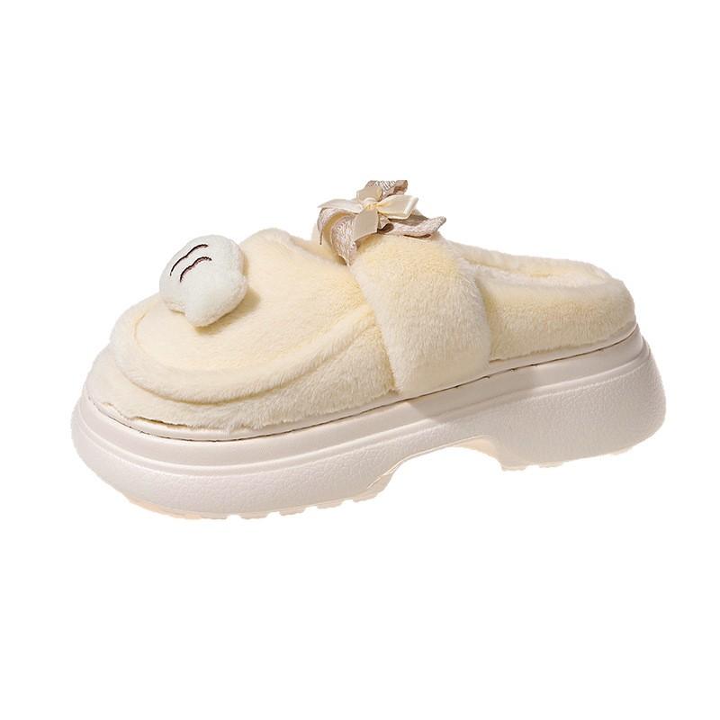 Bow puppy cotton slippers outer wear women's 2025 autumn and winter season piled thickened non-slip thick-soled versatile cotton shoes
