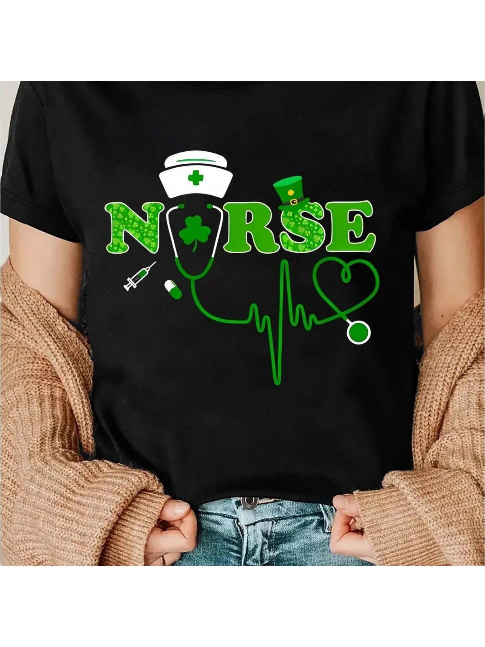 s St. Patrick Day Nurse T-Shirt - Black With Clover & Stethoscope Print, Casual Crew Neck Short Sleeve Top, , Hine Washa S разноцветный