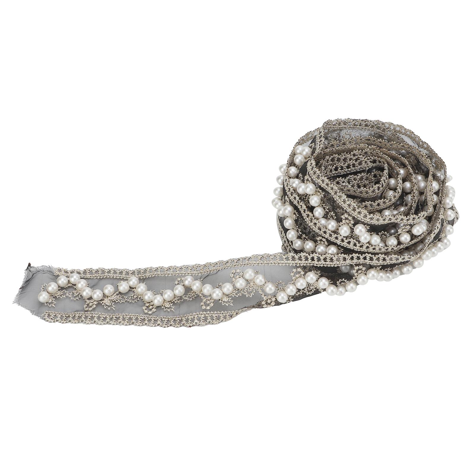 

2 Yards Pearl Trim Cutable Vintage Style Pearl Black Ribbon Embroidered Lace Trim Ribbon for Floral Patterns Crafts