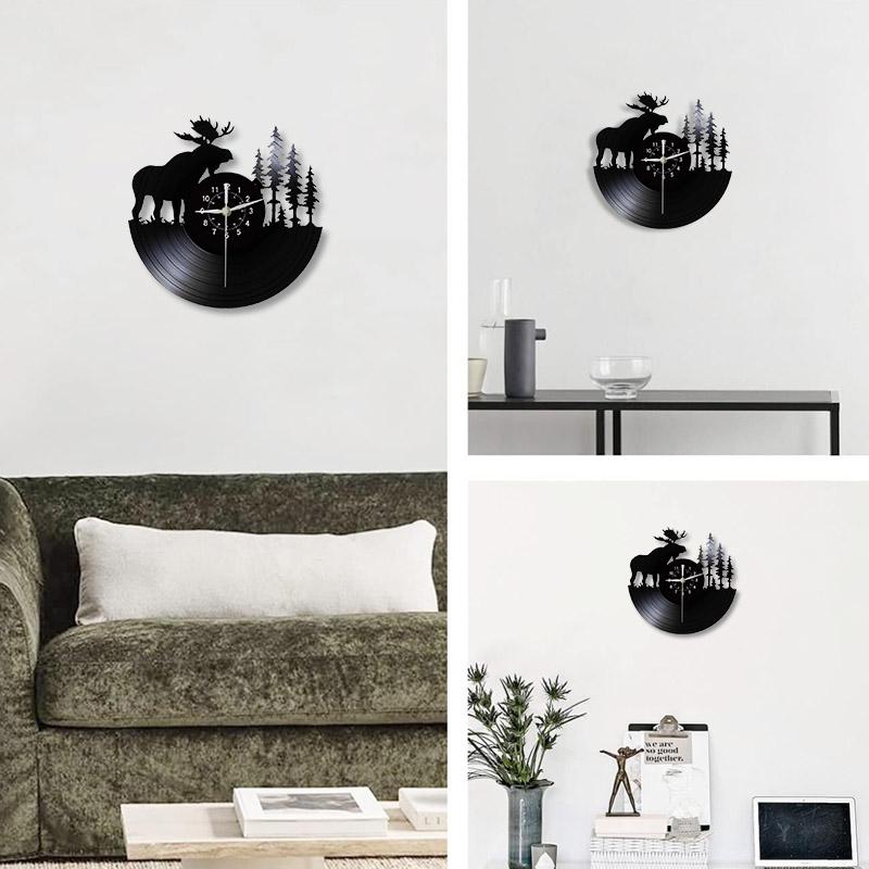 Elk Vinyl Wall Clock Vintage Black Creative 12 Inch Wall Clock Creative Bedroom, Living Room, Animal Theme Decoration