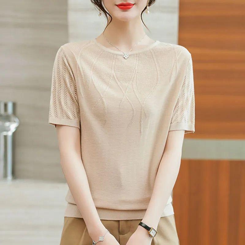 

Летняя женская трикотажная футболка Ice Silk, летний наряд для мам, тонкий ажурный трикотажный топ с коротким рукавом 3XL бежевый