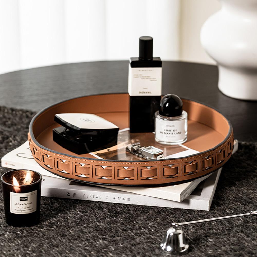 Premium Light Luxury Round Leather Storage Tray - Exquisite Key & Cosmetic Organizer for Living Room, Bedroom & Home Decor