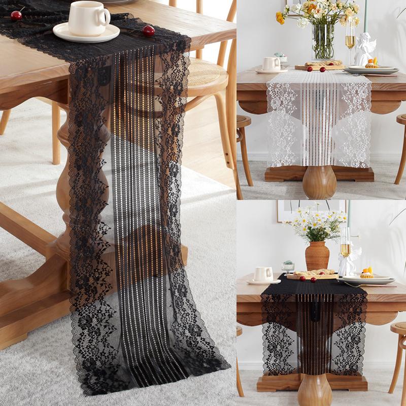 White Floral Lace Table Runner Black Table Cover Chair Sash for Banquet Baptism Wedding Party Table Decoration