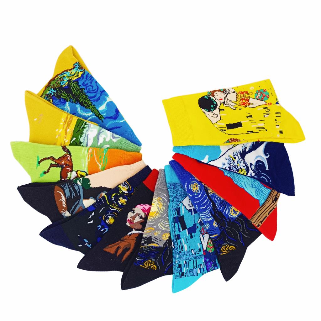 1 pair of European and American trendy socks with personalized street fashion oil painting series socks