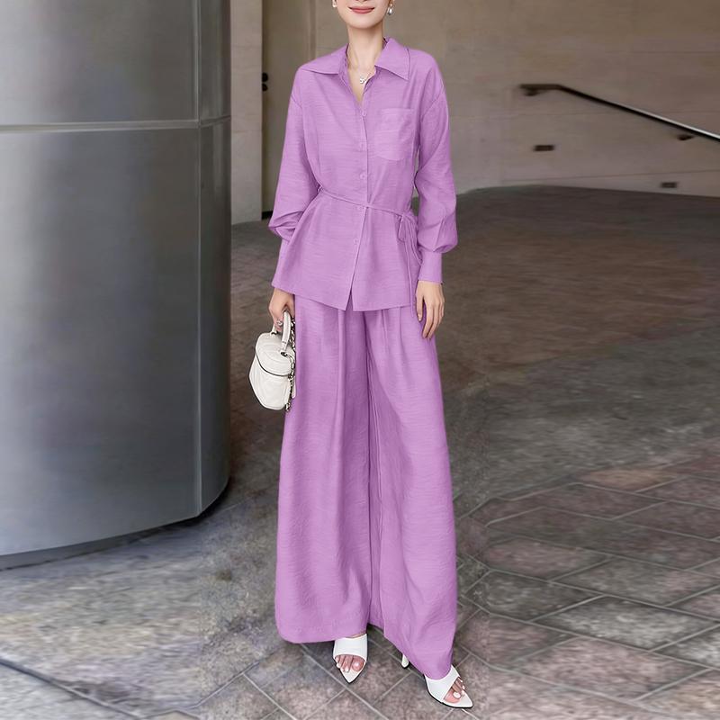 ZANZEA Bluzka z długim rękawem i spodnie damskie, casualowe dwuczęściowe zestawy garniturowe