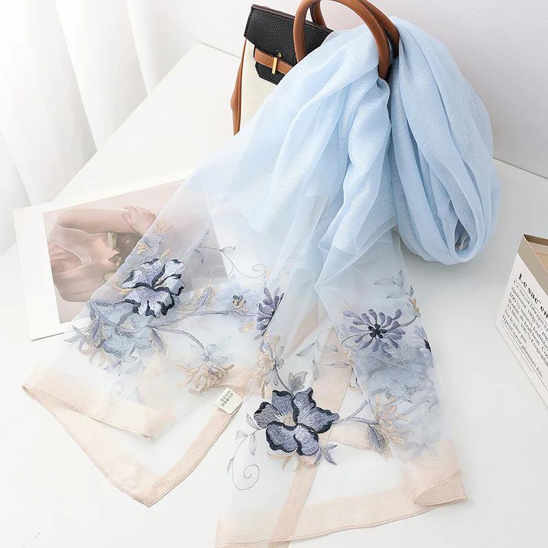 Fashion silk wool scarf women hijab pashmina shawls wrap Luxury Bandana Blanket Floral Pashmina Embroidery Scarves Foulard