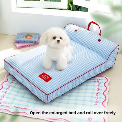 Frühling und Sommer Koreanisches Karomuster Hundesofa-Nest Ganzjahres-Universalkennel Kontrastfarbene Rückenlehne Hundekissen Haustiernest Katzennest
