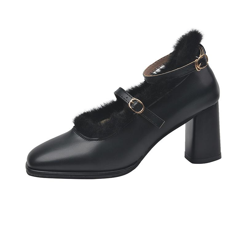 High heels women's new mink hair French thick heel fairy style word with Mary Jane women's shoes retro square head single shoes
