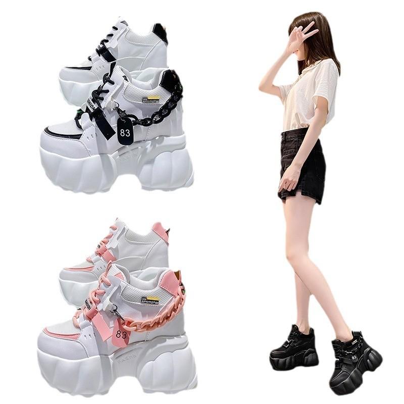 Fashion Autumn Spring Woman Platform Shoes Wedge Heel 10CM Casual Shoes Height Increasing White Black Sneakers Women Leather Shoes New