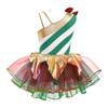 Girls Carnival Cosplay Costume Asymmetrical Shoulder Sleeveless Stripes Print Sequins Adorned Mesh Dress Bodysuit