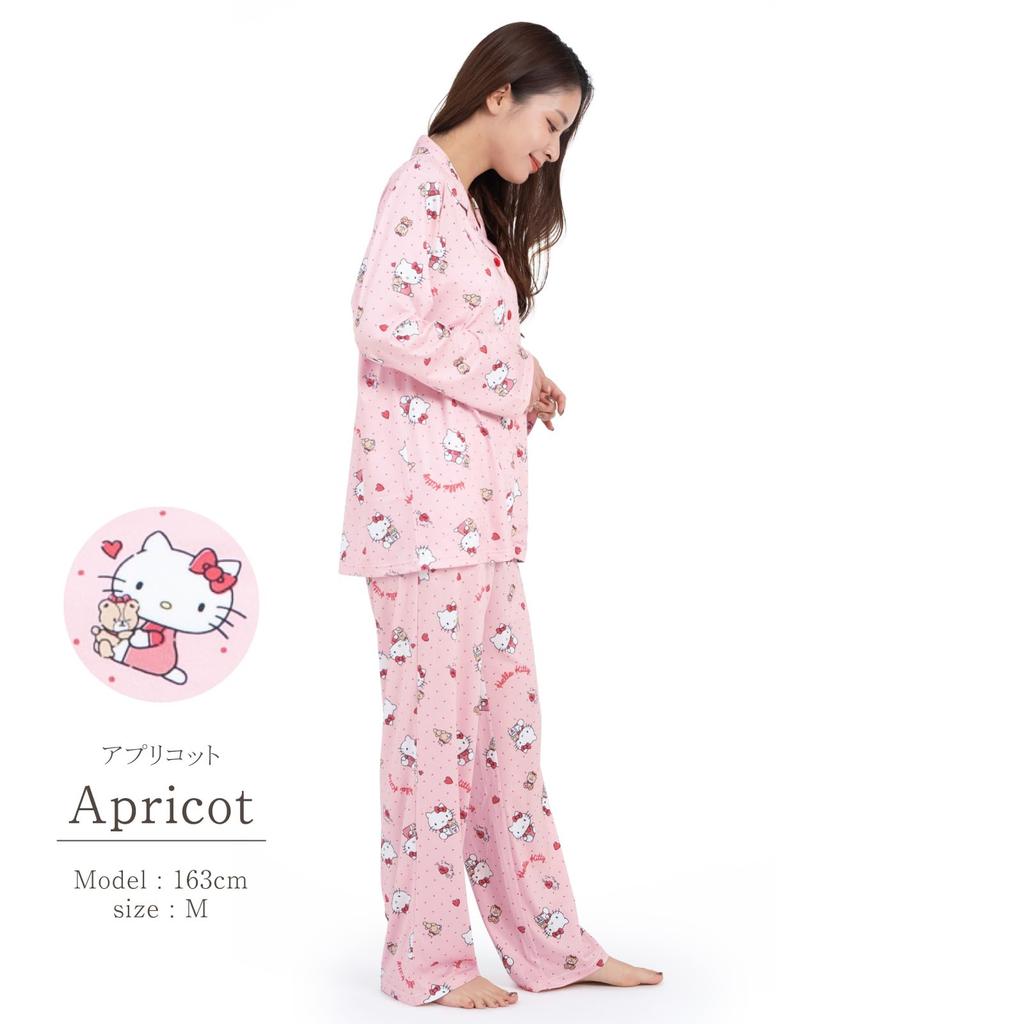 SAZAC Hello Kitty Shirt Powder Long Sleeve and Pants Dot Hello Kitty Design Pajamas, Stretch, Women's, Set, Loungewear, (Apricot/L/SAN1786)