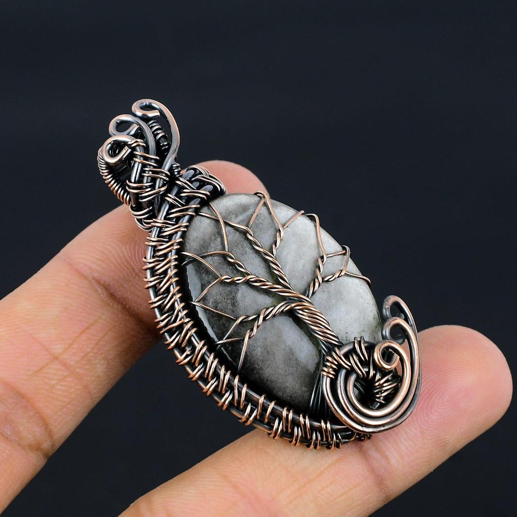 Silver Sheen Obsidian Pendant, 999 Copper Wire Wrapped Pendant Handmade Gemstone Jewelry, Gifts For Wife Brand New Pendant