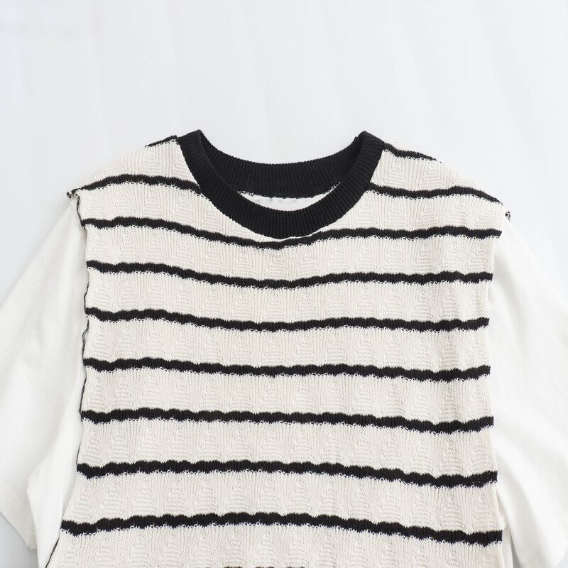 Fashion Style 2024 Summer New Arrival Women's Clothing Stylish Casual Easiest for Match round Neck Patchwork Stripes T-shirt 5644340