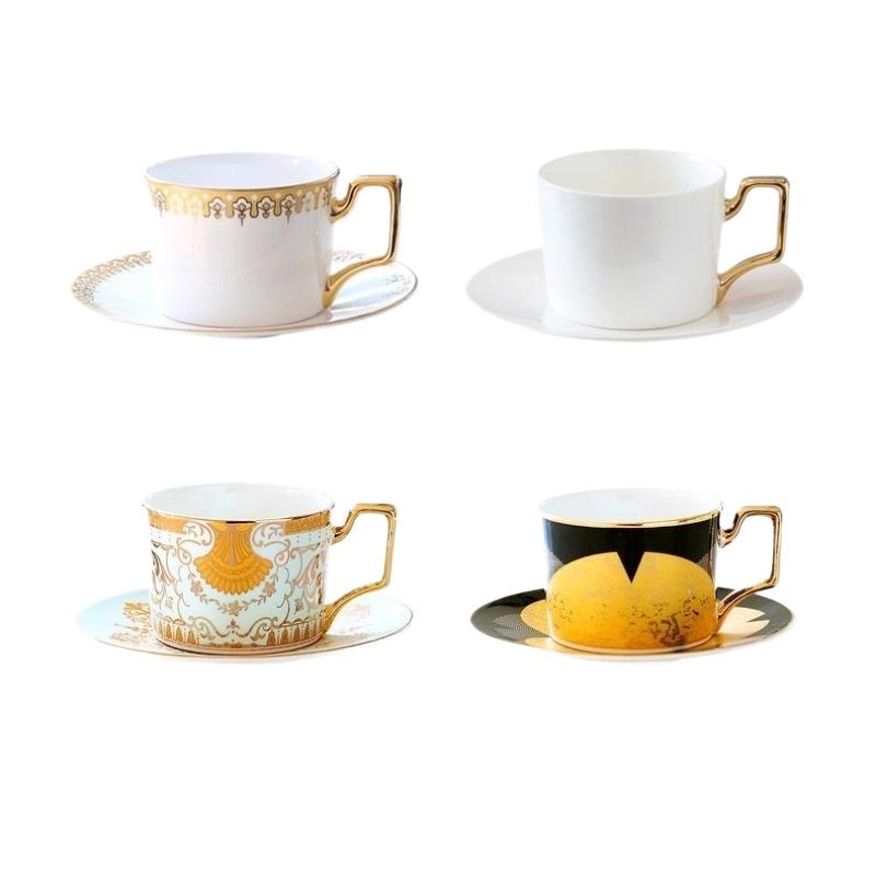 Feines Knochenporzellan Kaffeetassen- und Untertassensets, 270 ml Wunderschön glasierte Teetasse mit Goldrand und Henkel, Keramik-Kaffeetassen mit goldenem Löffel