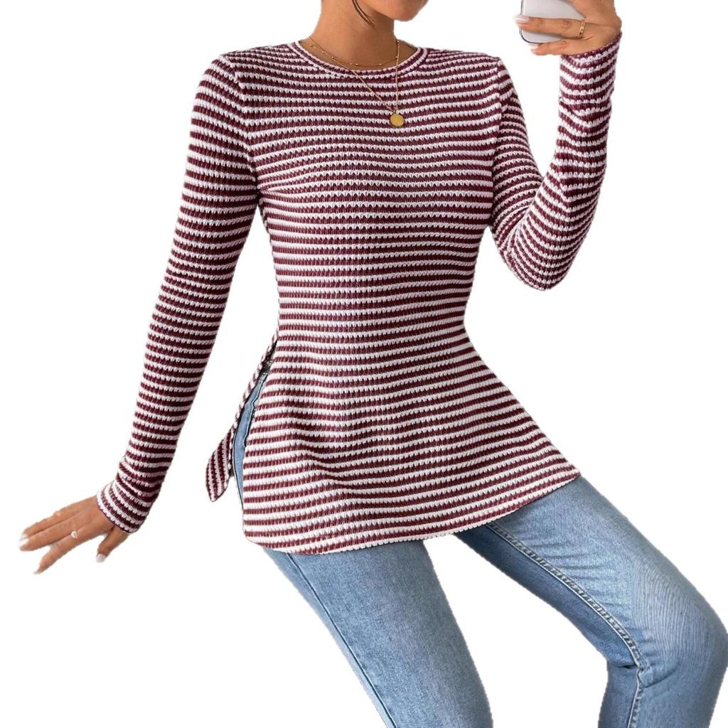 Nowa, swobodna, damska koszula z okrągłym dekoltem i długim rękawem, uniwersalny top z rozcięciem, seksowny T-shirt