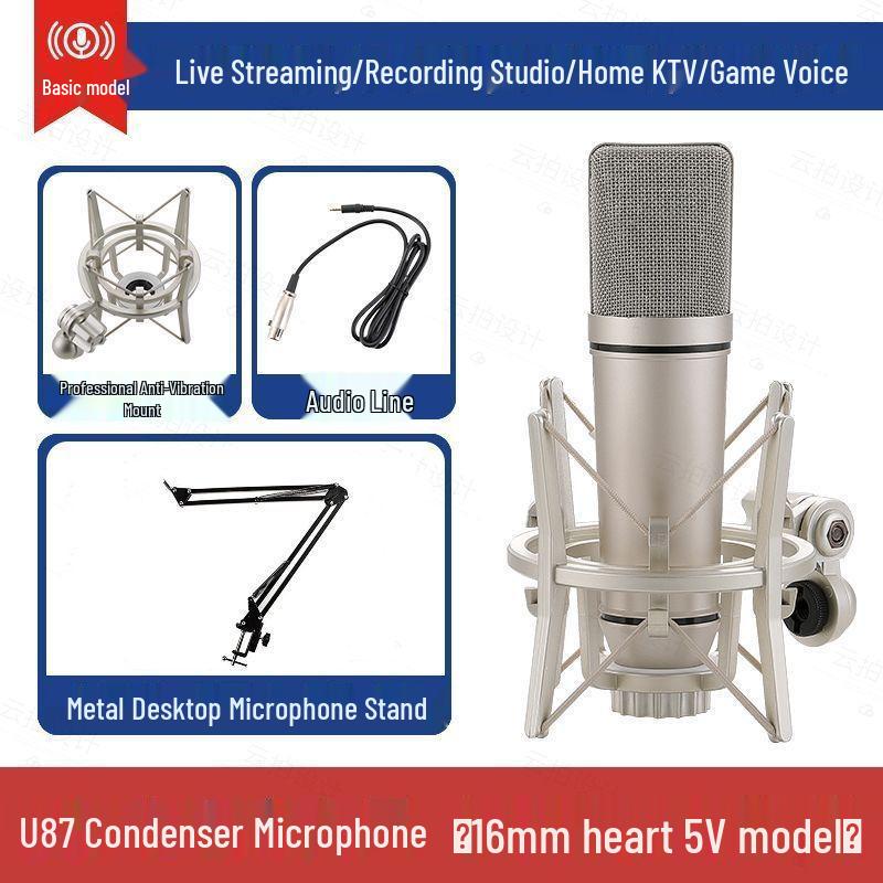 Professional U87 Large Diaphragm Condenser Microphone Set with Sound Card for Live Streaming and Singing