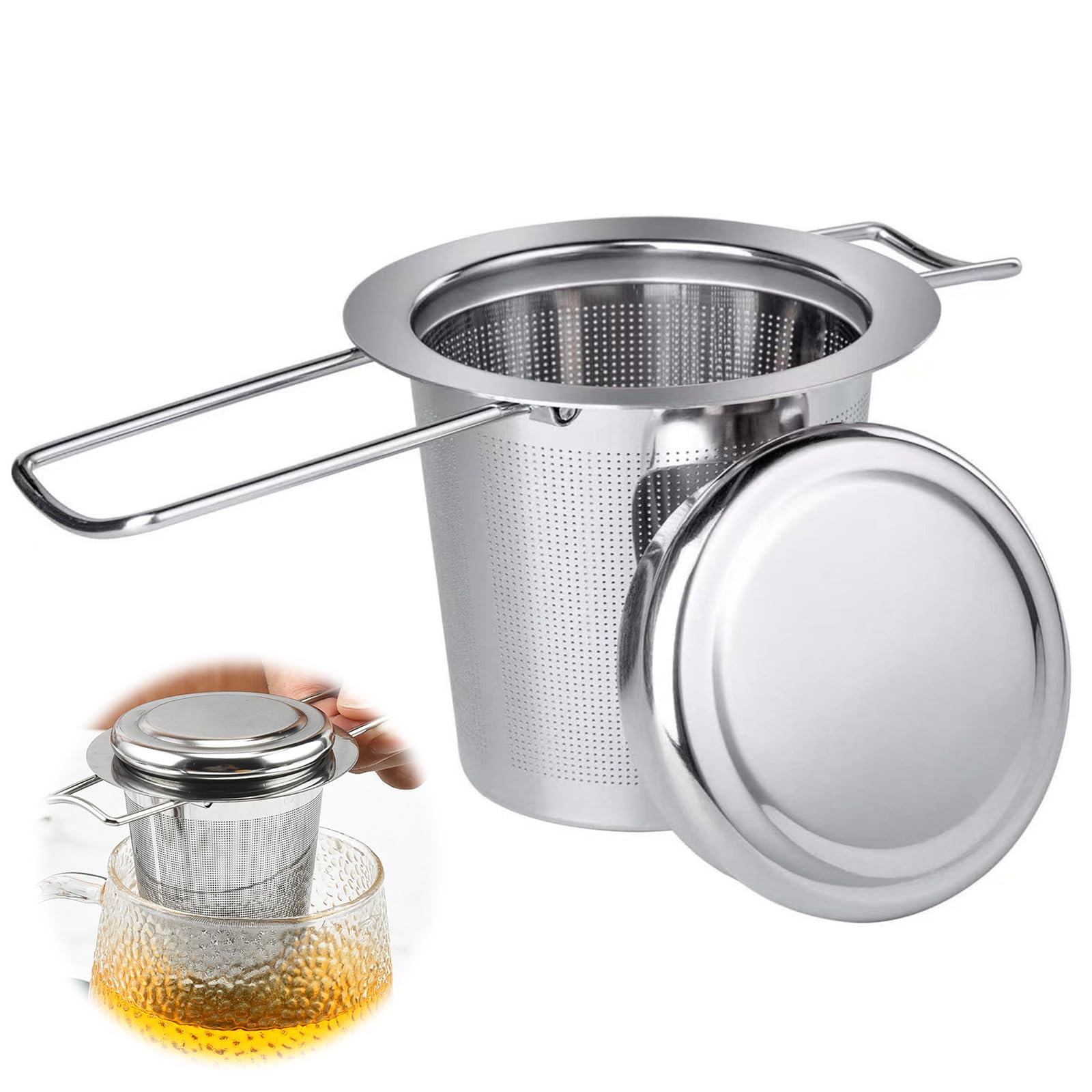 

Doyime Tea Strainer, Stainless Steel, for Straining Tea Leaves, Deep Strainer with Lid, Foldable Handle, Dual Handles and Lid, Easy to Clean,