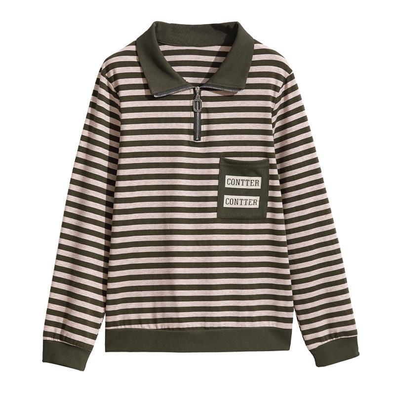 Women's Spring and Autumn Installation New T -shirt Middle -aged Fashion Foreign Lapel Stripe Long -sleeved Long -sleeved Shirt