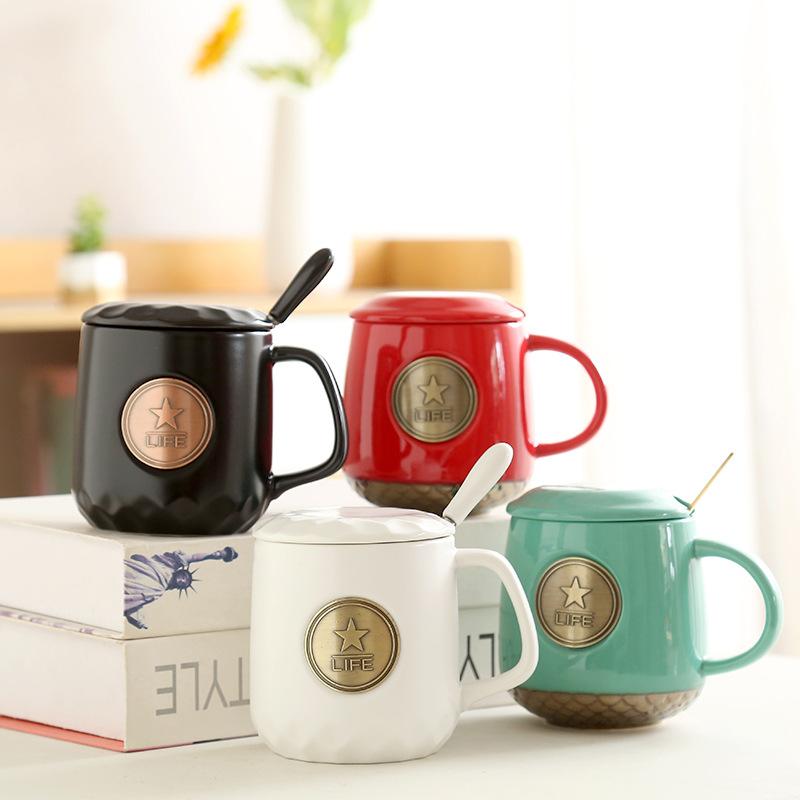 Ceramic Coffee Mermaid Copper Stamp Xingba Wind Ceramic Cup With Lid Spoon