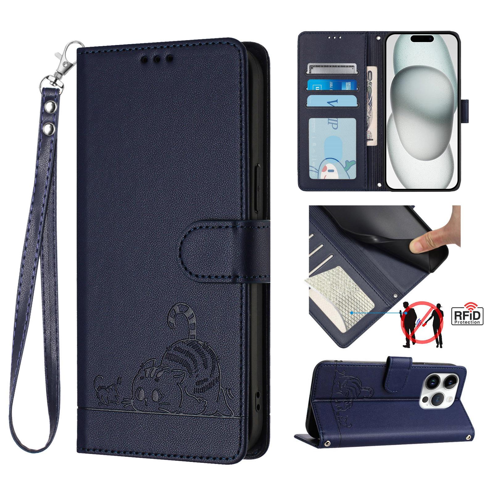 

For iPhone 16 Pro Case with Strap RFID Blocking Leather Wallet Phone Cover Cat Mouse Pattern Sapphire