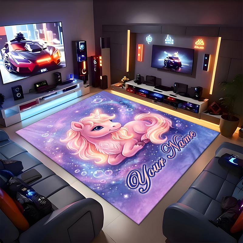 1PC Custom Name Magical Unicorn Fantasy Theme Floor Mat Ideal for Living Room, Game Rooms, Office, Bedroom,Floor Mat Playful Design