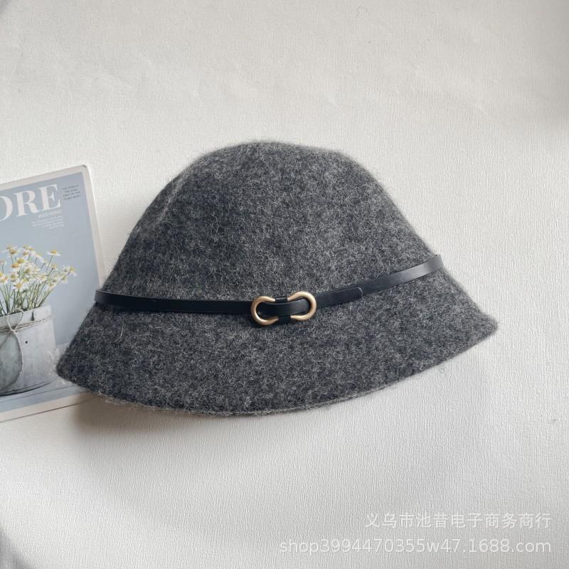 Hat female autumn and winter face small bucket hat leather buckle decorative versatile wool knitted hat foldable thermal basin hat female