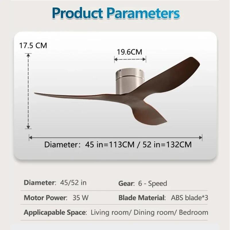 45/52" Nordic Ceiling Fan 35W DC Motor Low Noise Electric Fan 6 Wind Speeds Adjustable Home Restaurant Ceiling Fan