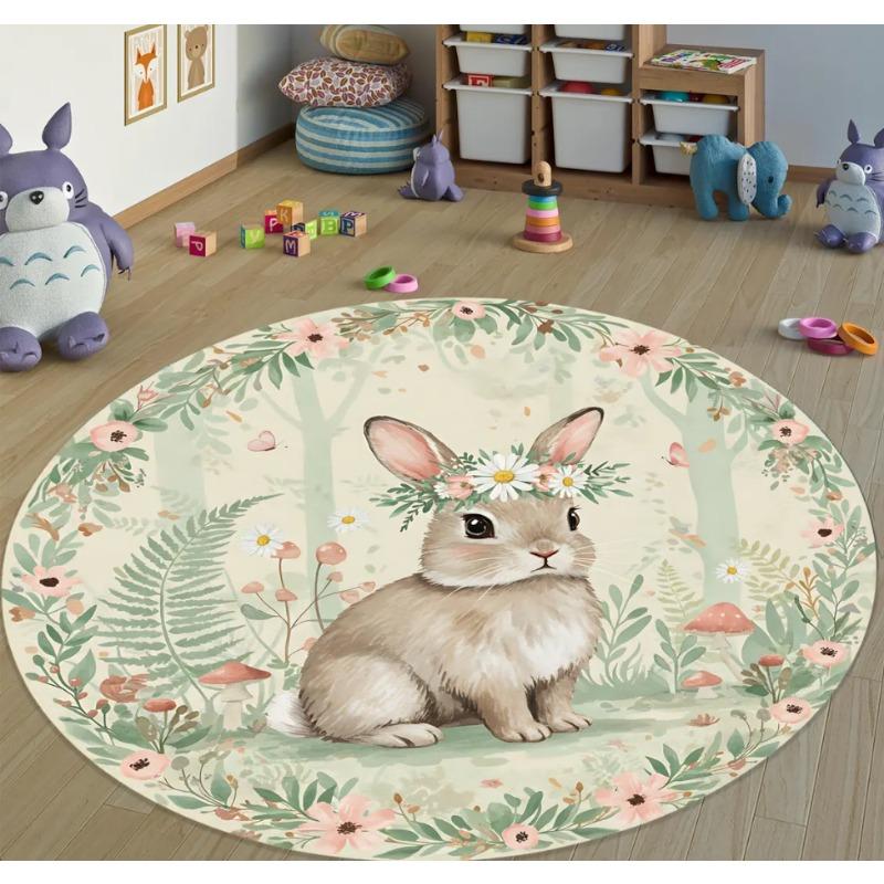 Rabbit Round Carpet Cartoon Rabbit Flower Printed Rug Living Room Bedroom Dressing Table Mat Home Decoration