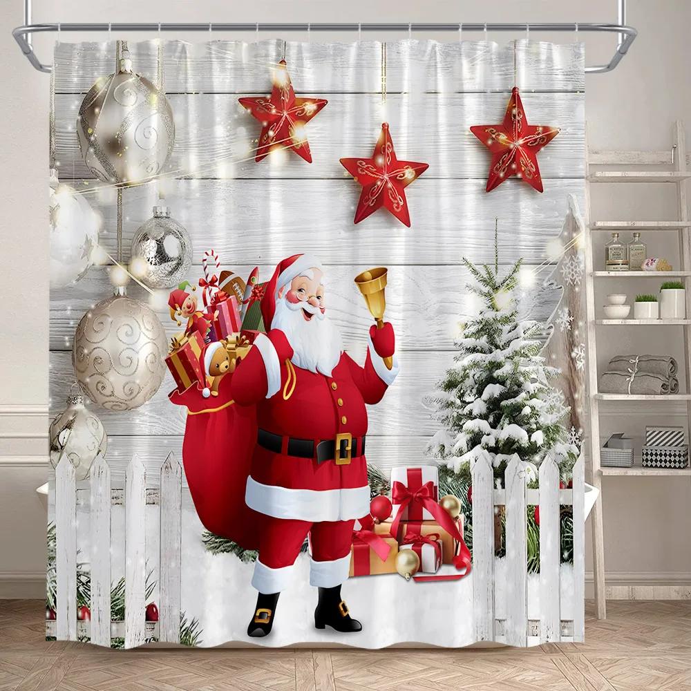 Red Christmas Shower Curtain Set Funny Santa Claus Gift Green Pine Branches Xmas Balls Home Bathroom Decor Bath Mat Toilet Cover