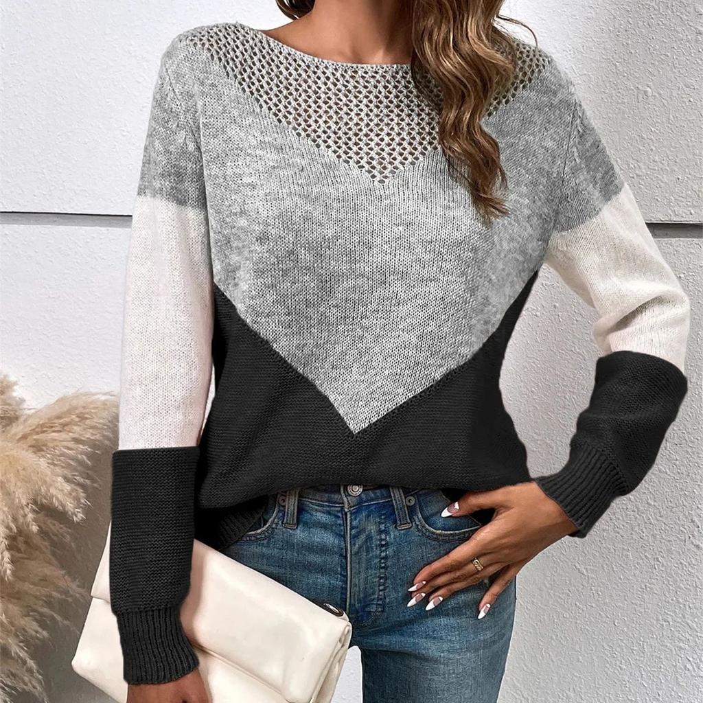 Hollow Color Contrast Pullover Sweater Women Fashion Round Neck Autumn Winter Tops Casual Long Sleeve Sweaters Female Outfitwear