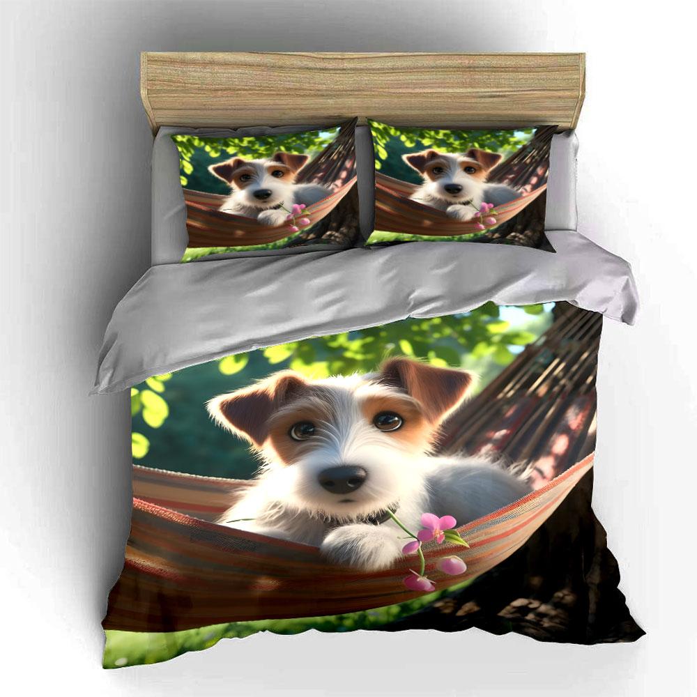 Cute Puppy In Hammock Scene Bedding Duvet Cover Set (1*Duvet Cover 2*Pillowcases, Without Duvet Insert)
