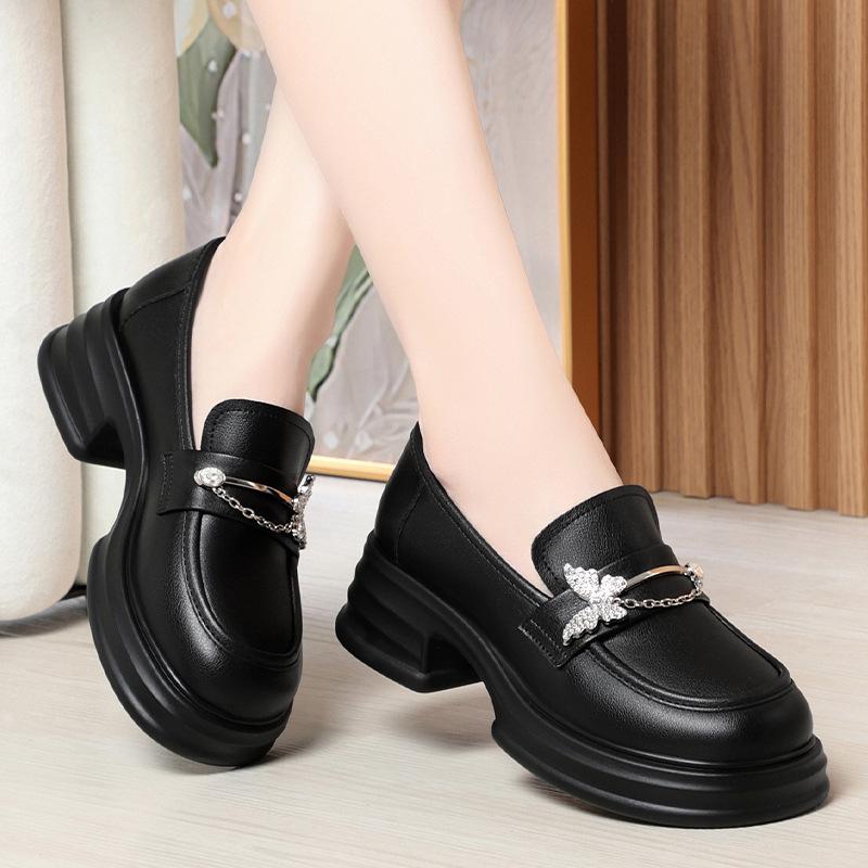 Fashion 5cm Butterfly Bright Leather Loafers Women's Chunky Platform Shoes 2024 Spring Square Heels Pumps For Office Mom Girls Versatile