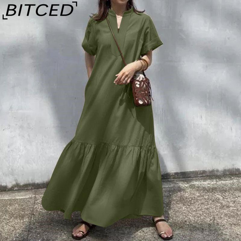 

BITCED S-5XL Летнее повседневное однотонное женское длинное платье с V-образным вырезом и коротким рукавом XXXXXL зелёный