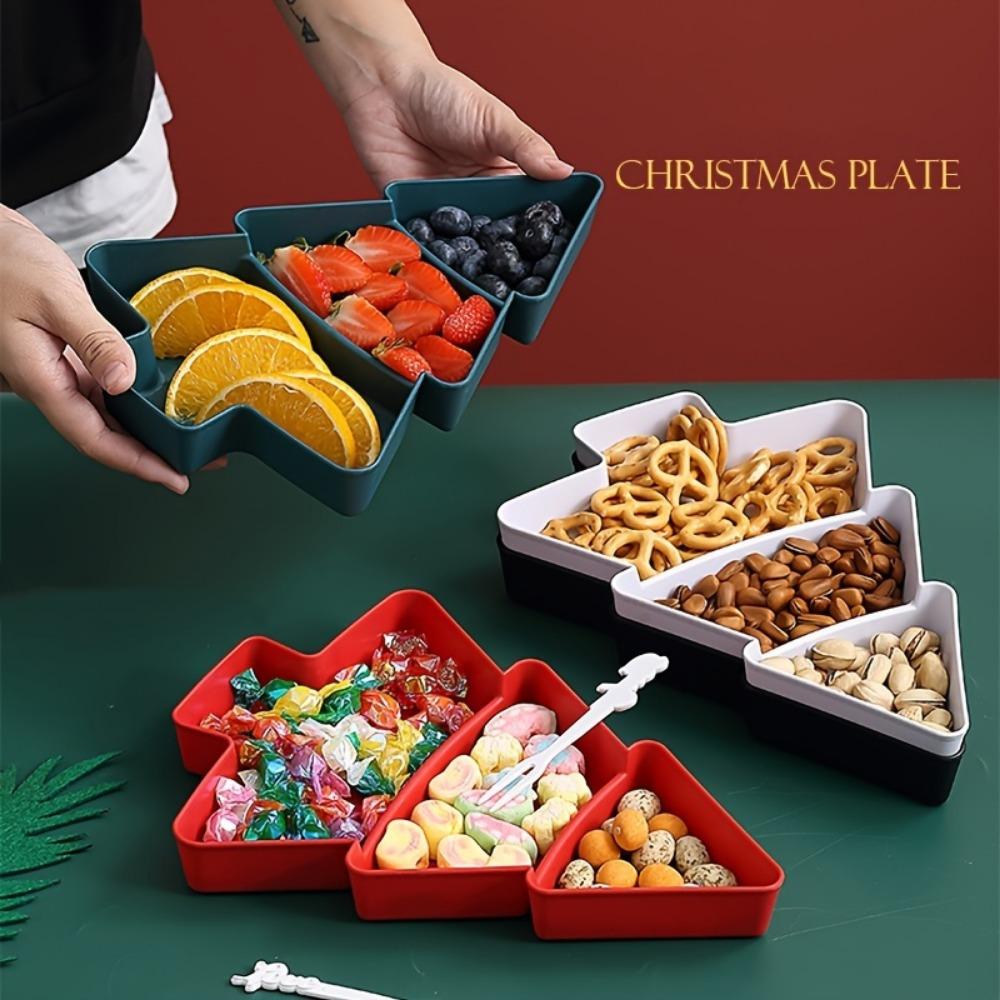 Plastic Christmas Tree Platter - Divided Serving Tray for Snacks, Candy, Fruits, Nuts & Desserts - Perfect for Holiday Parties & Tea Time