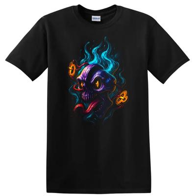 Μαύρο T-Shirt με Γραφικό Σκελετό και Φάντασμα, Αστικό Streetwear Art T-shirt με Πολύχρωμες Φλόγες
