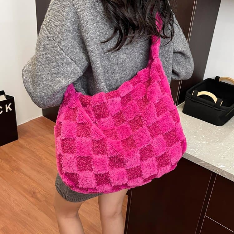 

Plaid Women s Plush One-shoulder Cross-body Bag