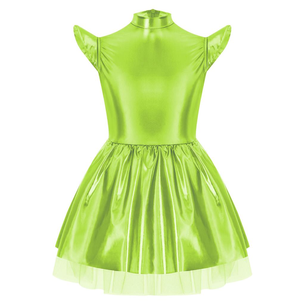 Girls Iridescent Alien Dress Up Costume Mock Neck Flying Sleeves Tutu Dress Theme Party Stage Performance