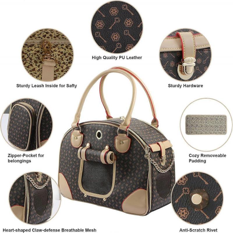 SBSGV Fashion Dog Carrier PU Leather Dog Handbag Dog Purse Cat Tote Bag Pet Cat Dog Hiking Bag, Brown, Large