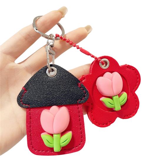 2Pcs Elegant Tulip Key Holder Faux Leather House Shape Keychain