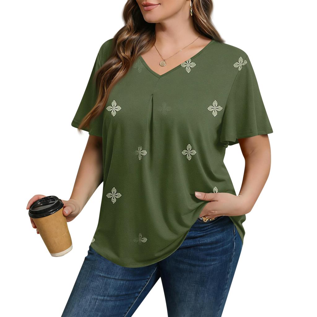 Women's Plus Size Fashionable Casual Loose-Fit Short Sleeve Elegant V Neck Blouse For Work