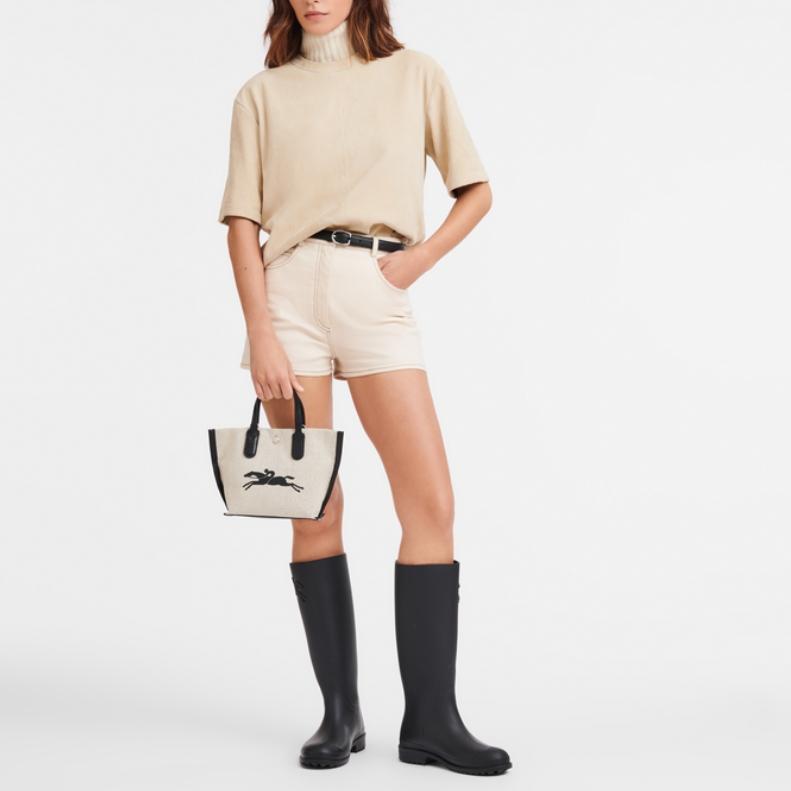 Longchamp Essential Logo Print Snap Closure Cotton Canvas Tote Bag Women Tote Bags Beige Black 10259HSG037