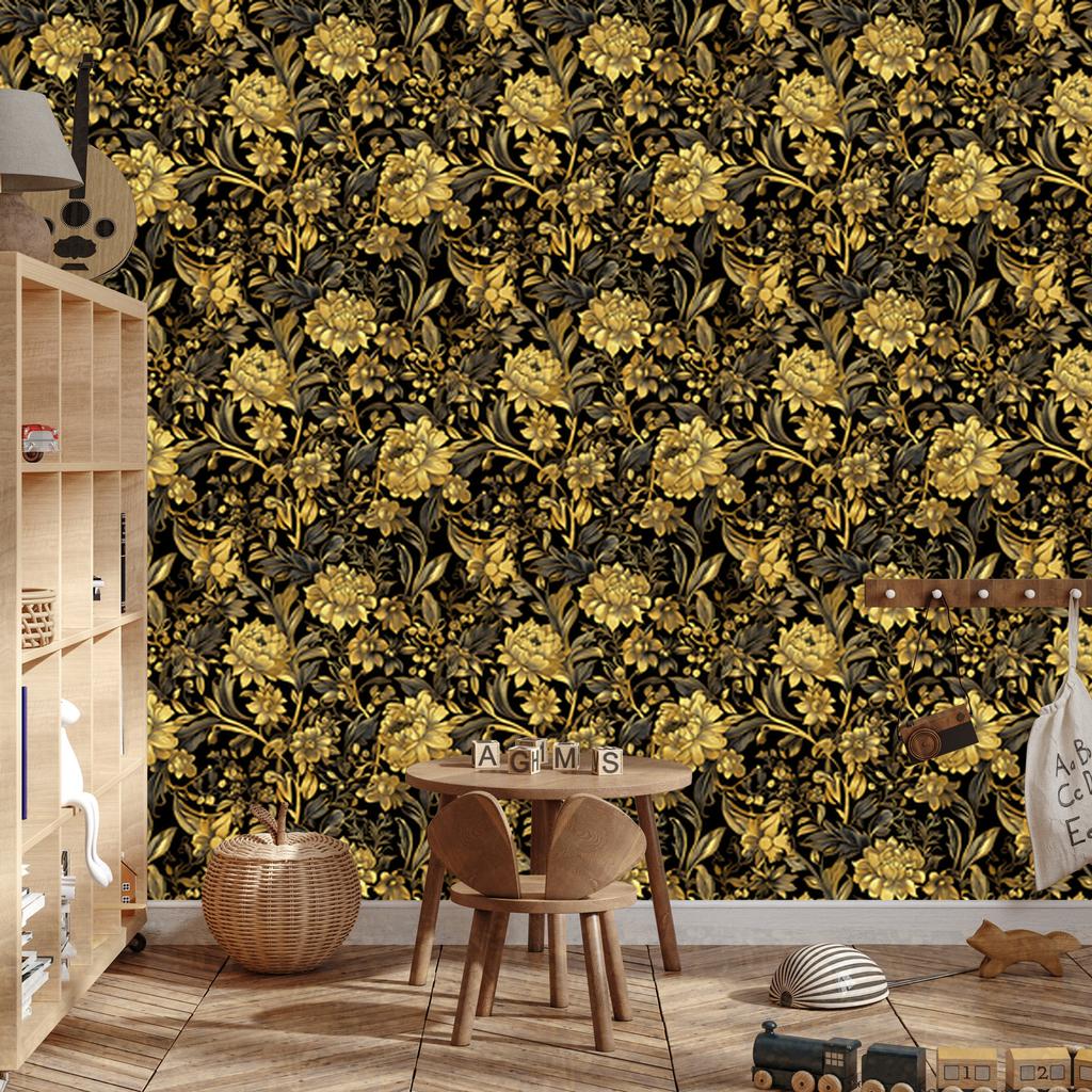 Golden Hibiscus Wallpaper, Ochre and Gold, Soft Forms, 50x1000