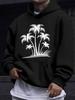 American/European Style Unisex Autumn/Winter Printed Hooded Long-Sleeve Sweatshirt, White Coconut Tree Silhouette Print Hoodie, Simple Vacation Style,
