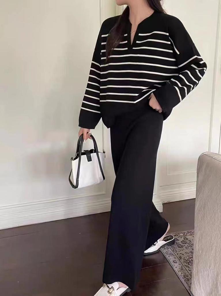 Fashion suit women's Korean version loose striped knitted top two-piece set casual high waist pendant knitted wide-leg pants